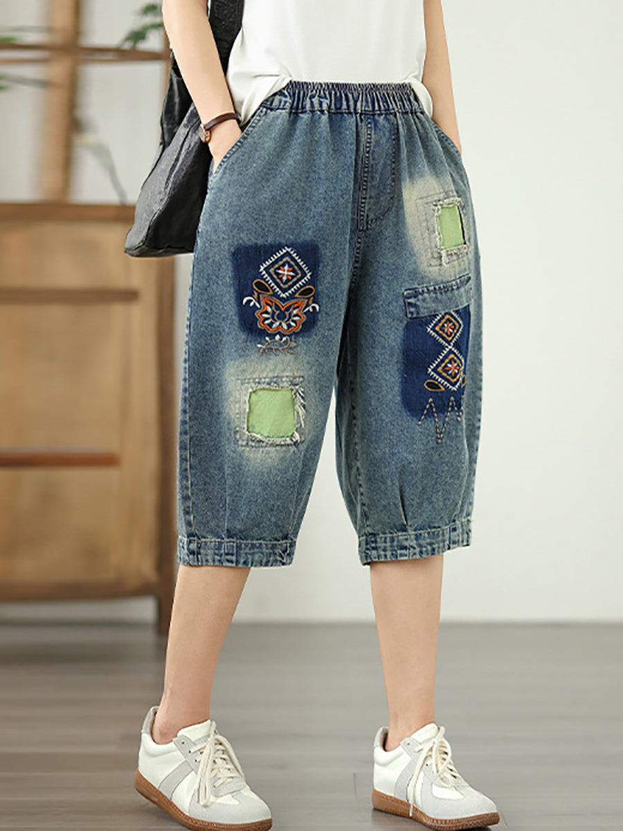 Pantalon en denim à fleurs rétro brodé pour femme, patchwork