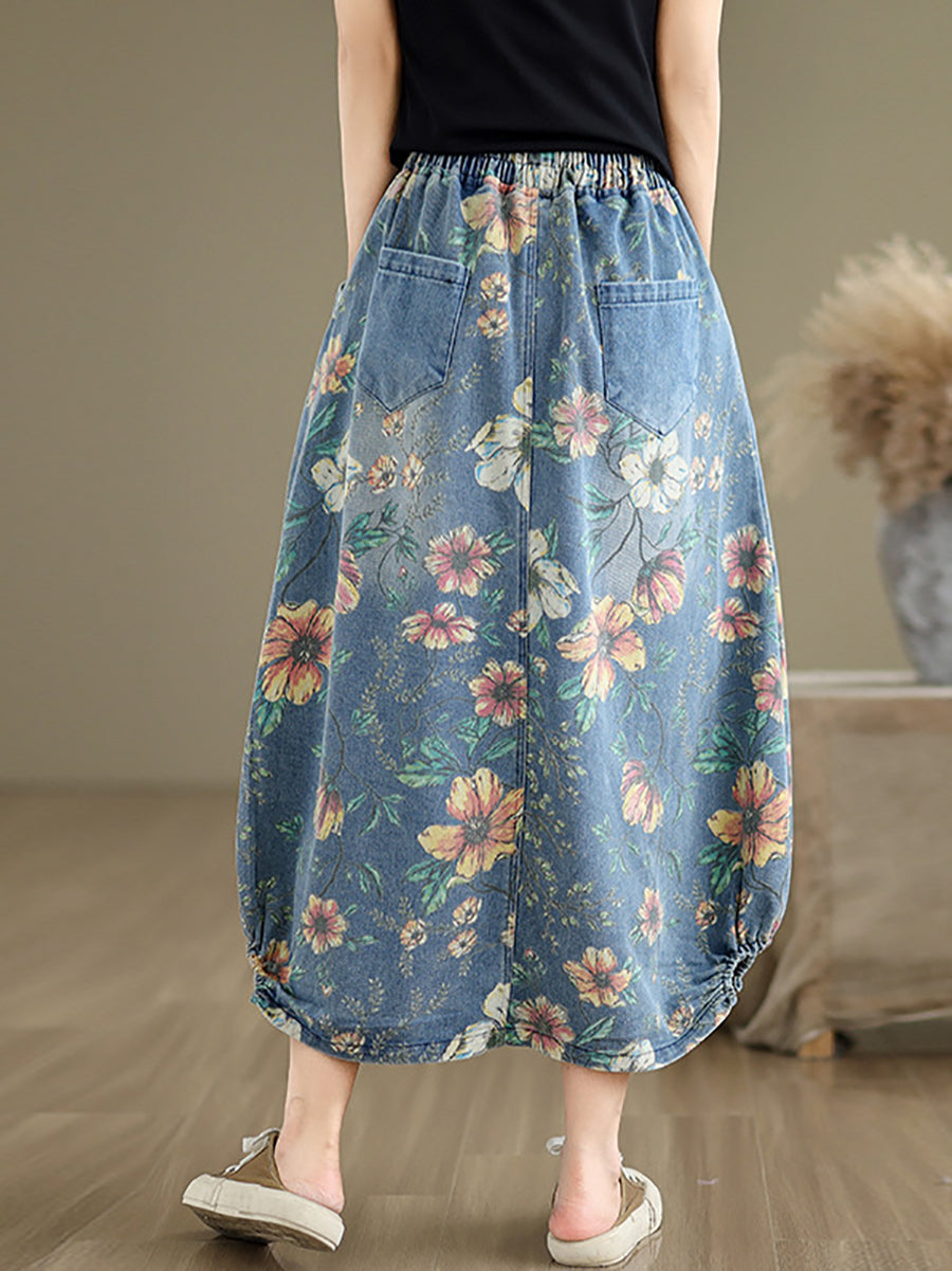 Women Summer Casual Flower Spliced Denim Skirt XX1027