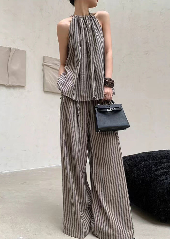 Ensemble deux pièces haut rayé café à la mode française, pantalon à jambes larges, été EE055