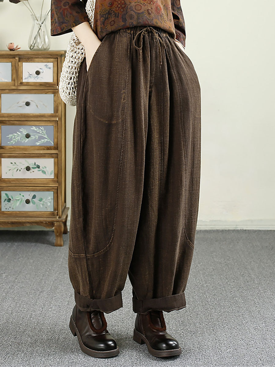 Pantalon sarouel en lin uni à poches vintage pour femme, automne AV1031