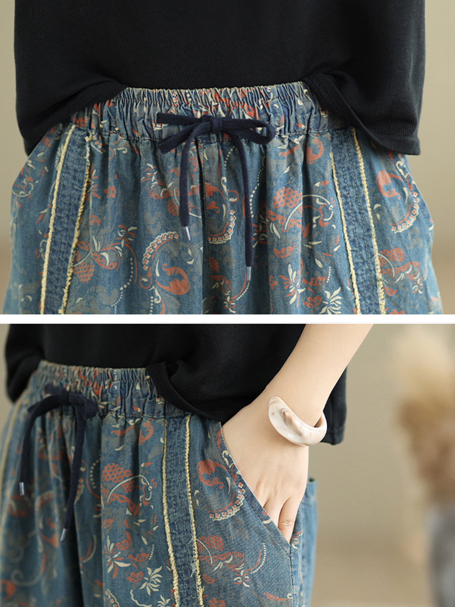 Pantalon en denim patchwork sarouel femme rétro fleuri
