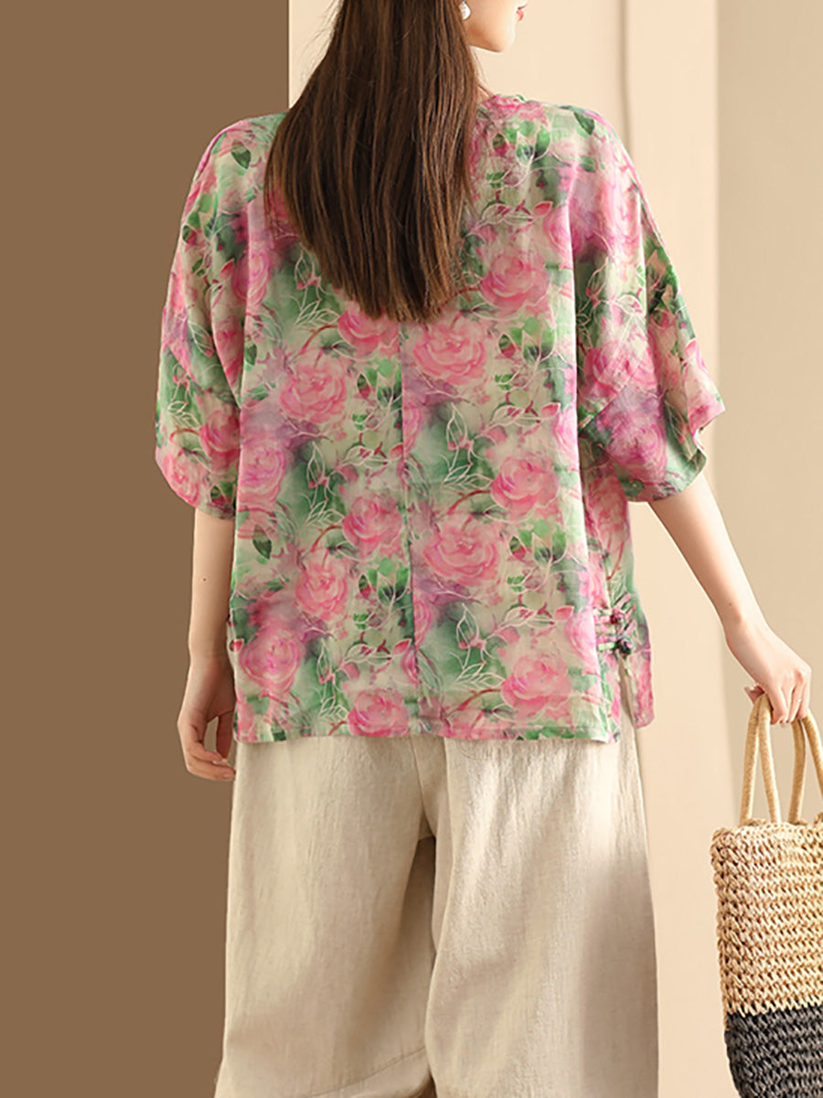 Damen Artsy Floral Sommer Ramie Pullover Shirt KL1016