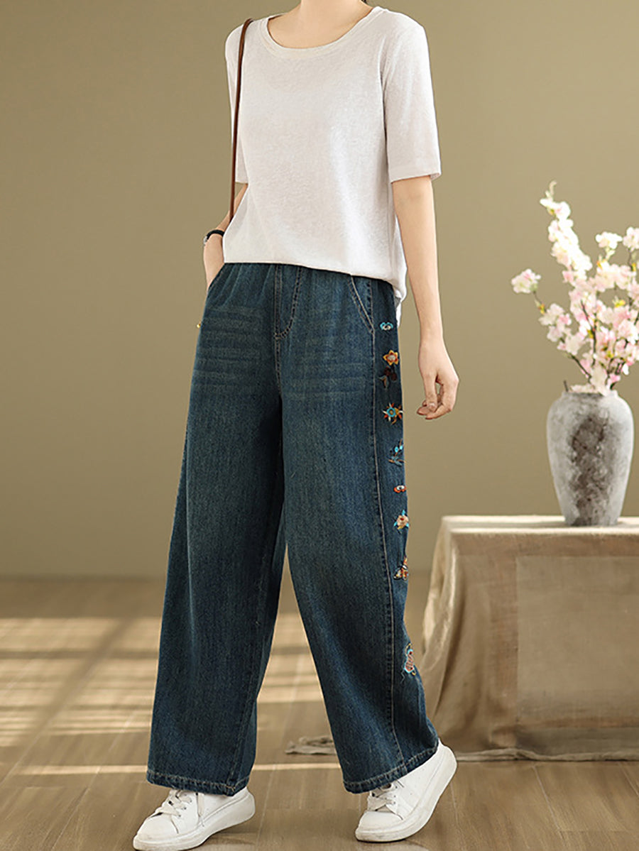 Pantalon brodé pour femme, jambe large, style rétro, en denim