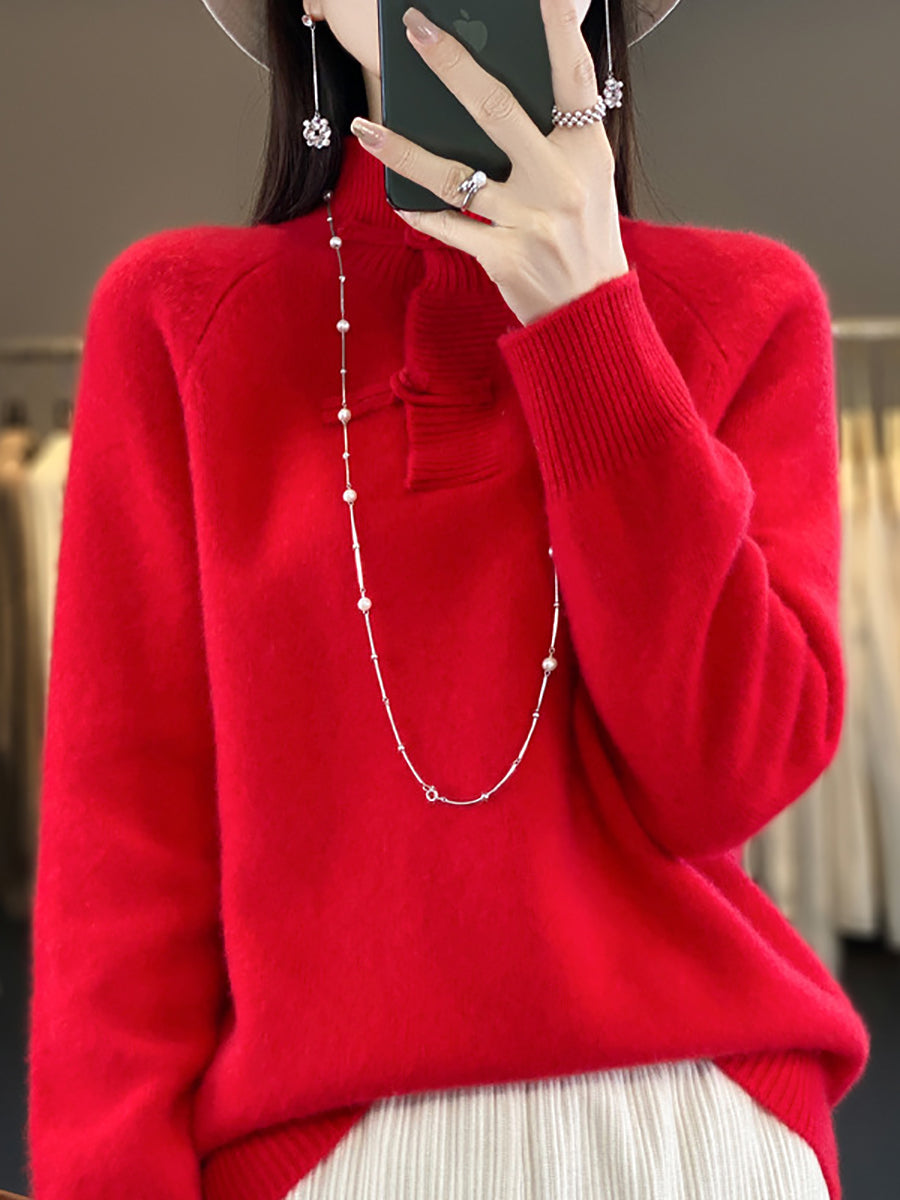 Pull à boucle 100 % laine à col roulé vintage pour femme, automne BA1040