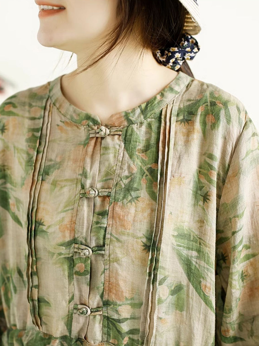 Women Summer Artsy Floral Shirred Ramie Dress QW1043