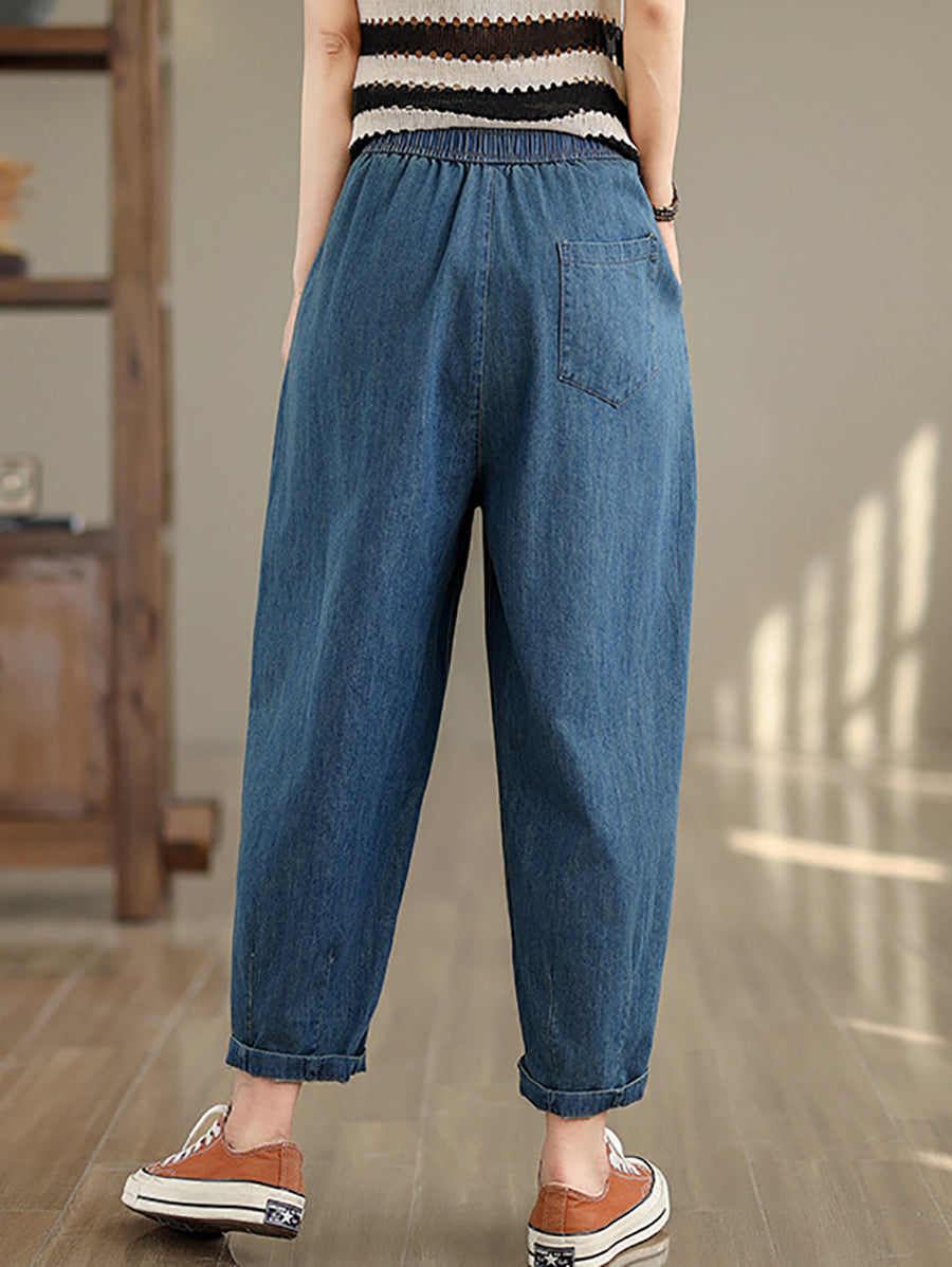 Pantalon sarouel ample en denim uni vintage pour femme OP1007