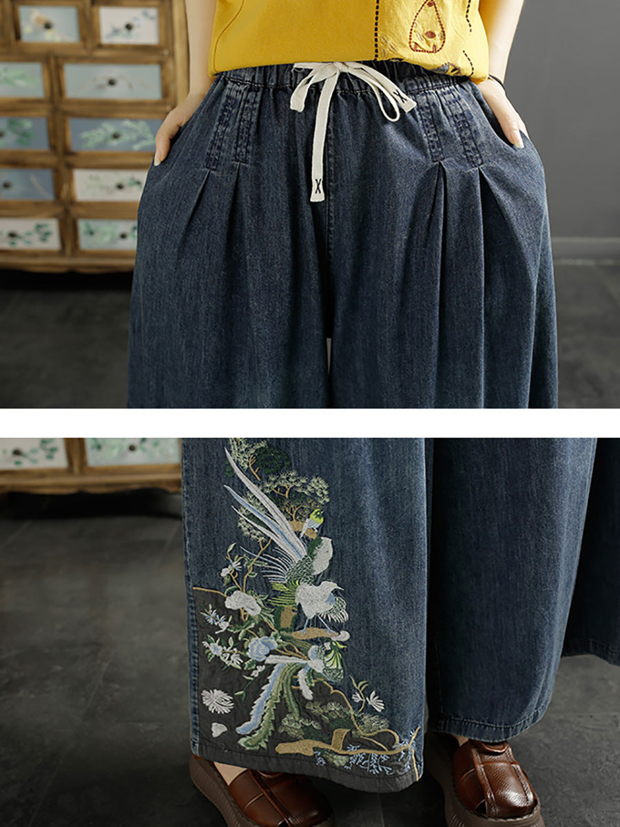 Damen Vintage Ethno Stickerei Weite Jeanshose KL1008