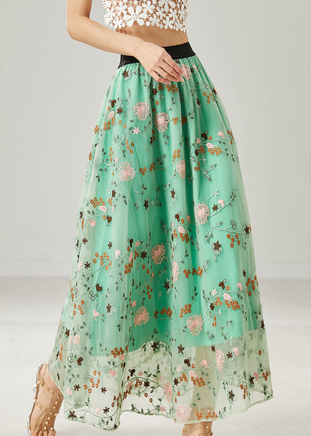 Jupes en tulle brodé vert italien d'été AZ1044