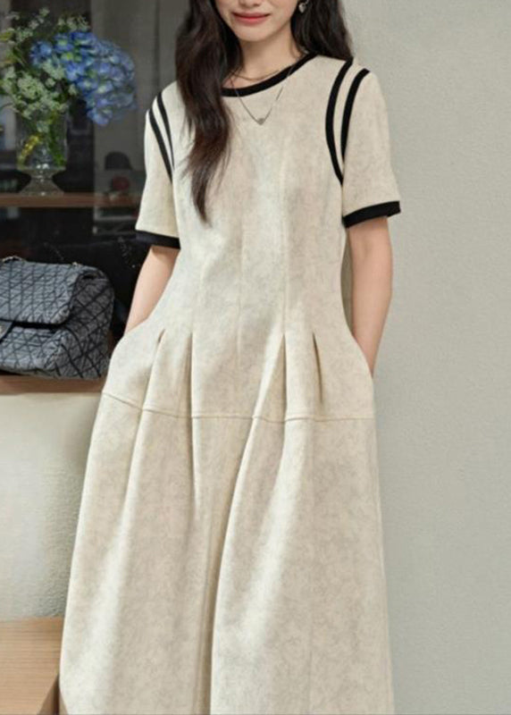 Kurze O-Ausschnitt Falten Maxi Grau Licht Kleider Patchwork Sommer
