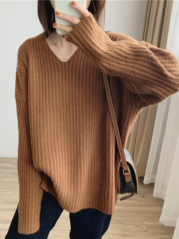 Vintage Karamell V-Ausschnitt Langarm Gestreifter Strickpullover QX001