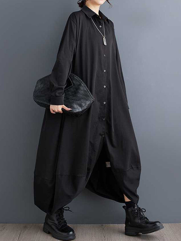Stilvolles schwarzes A-Linien-Hemdkleid mit Revers, geknöpften Taschen, Blütenblattsaum und langen Ärmeln TW015