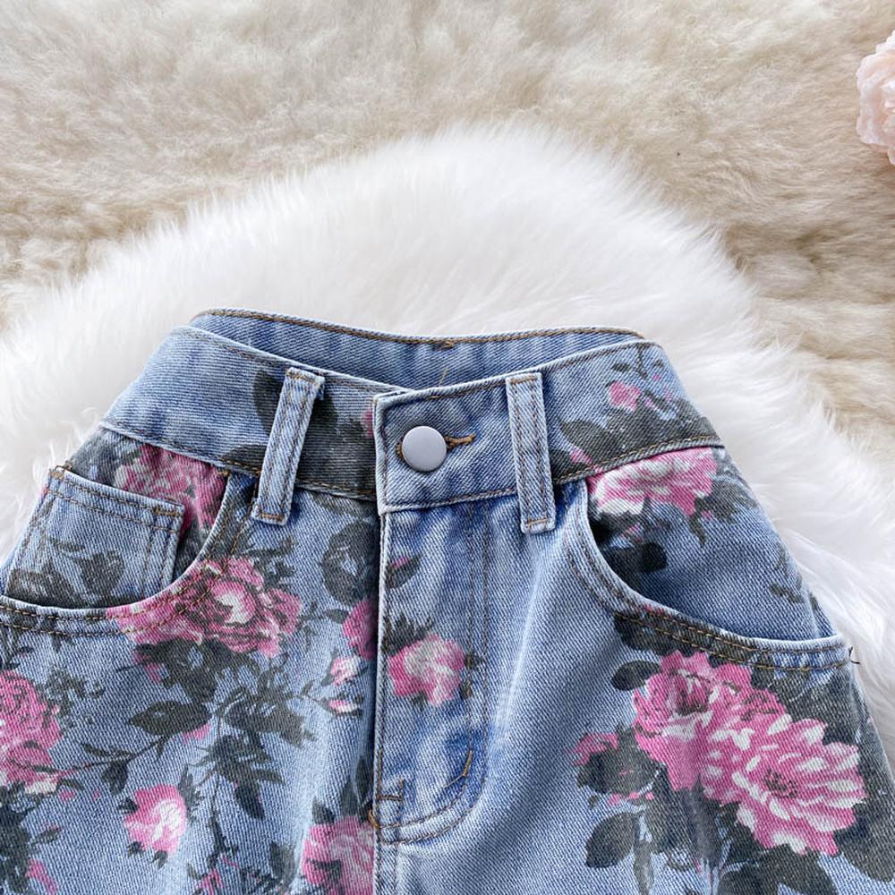 Damen Jeanshose mit weitem Bein und Rosen-Print, Blau AR1016