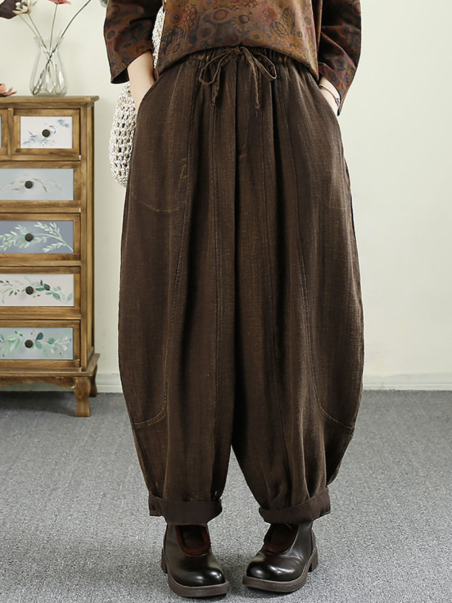 Pantalon sarouel en lin uni à poches vintage pour femme, automne AV1031