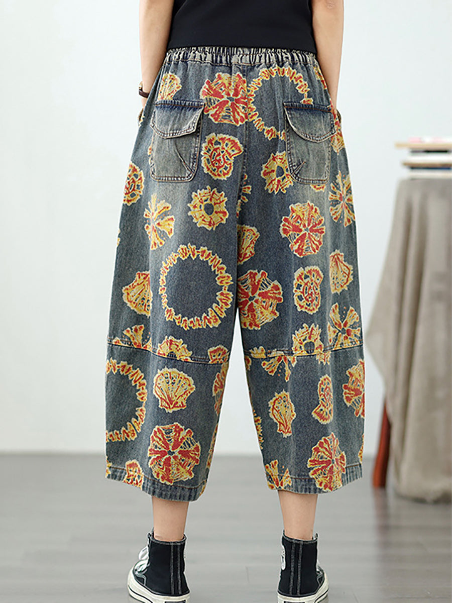 Pantalon droit rétro Capri en denim fleuri pour femme