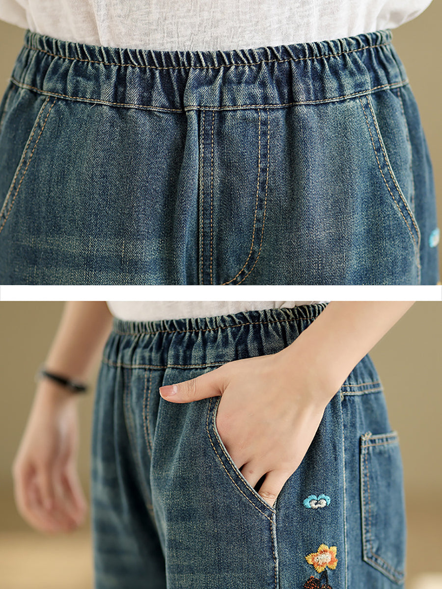Pantalon brodé pour femme, jambe large, style rétro, en denim