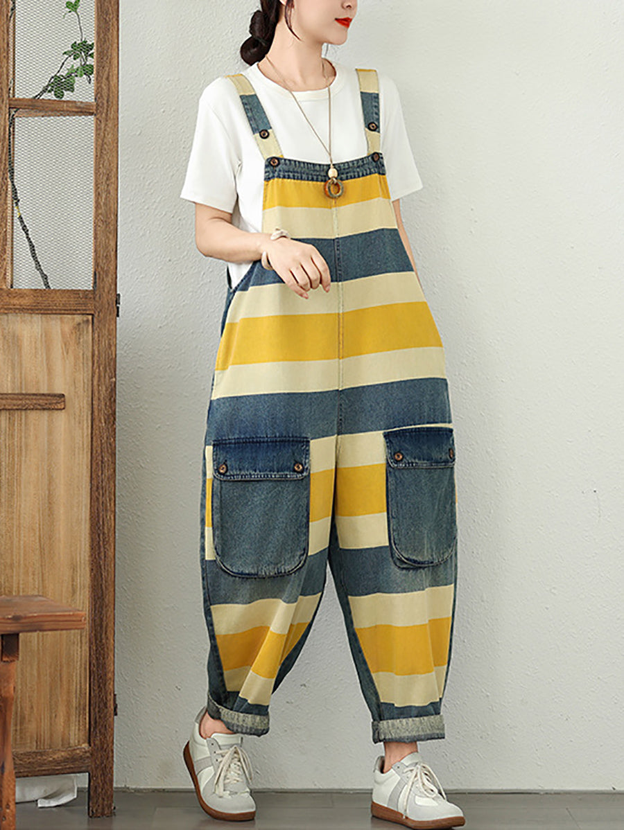 Summer Colorblock Women Loose Denim Stripe Jumpsuits