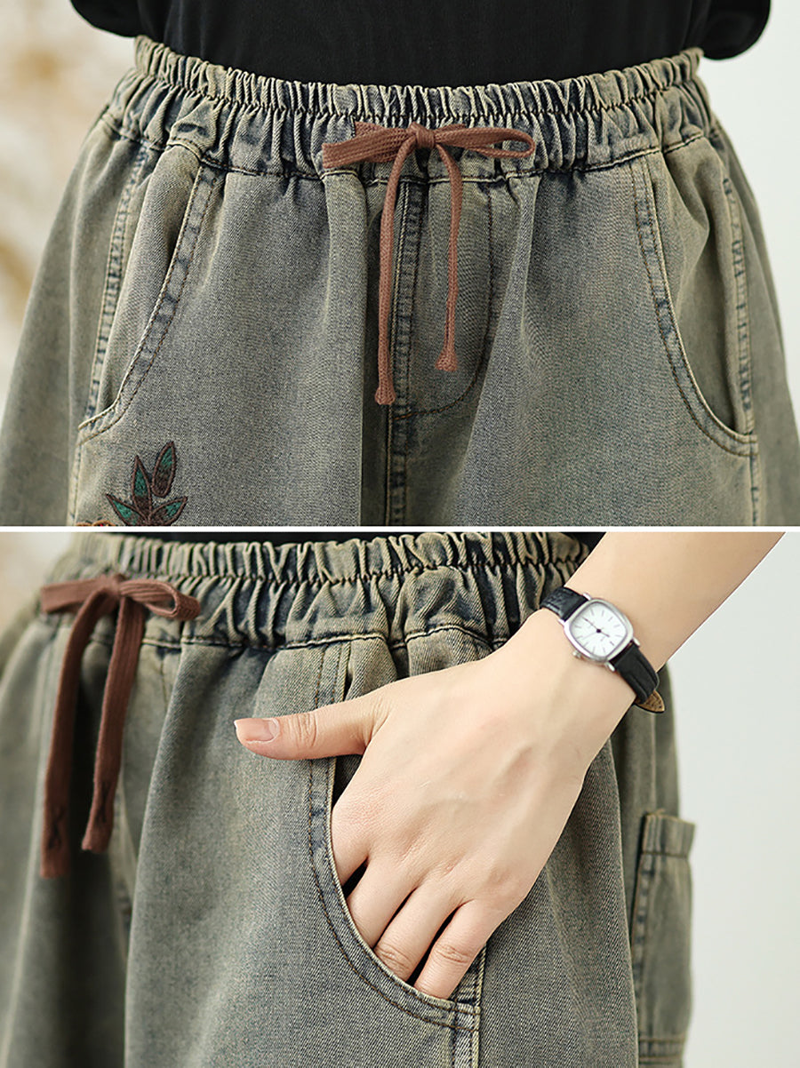 Gerade Stickerei Frauen Denim Fünfte Hosen Blume Retro