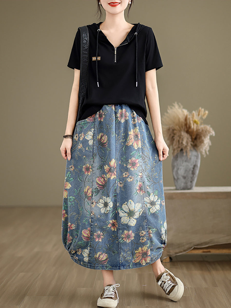 Women Summer Casual Flower Spliced Denim Skirt XX1027