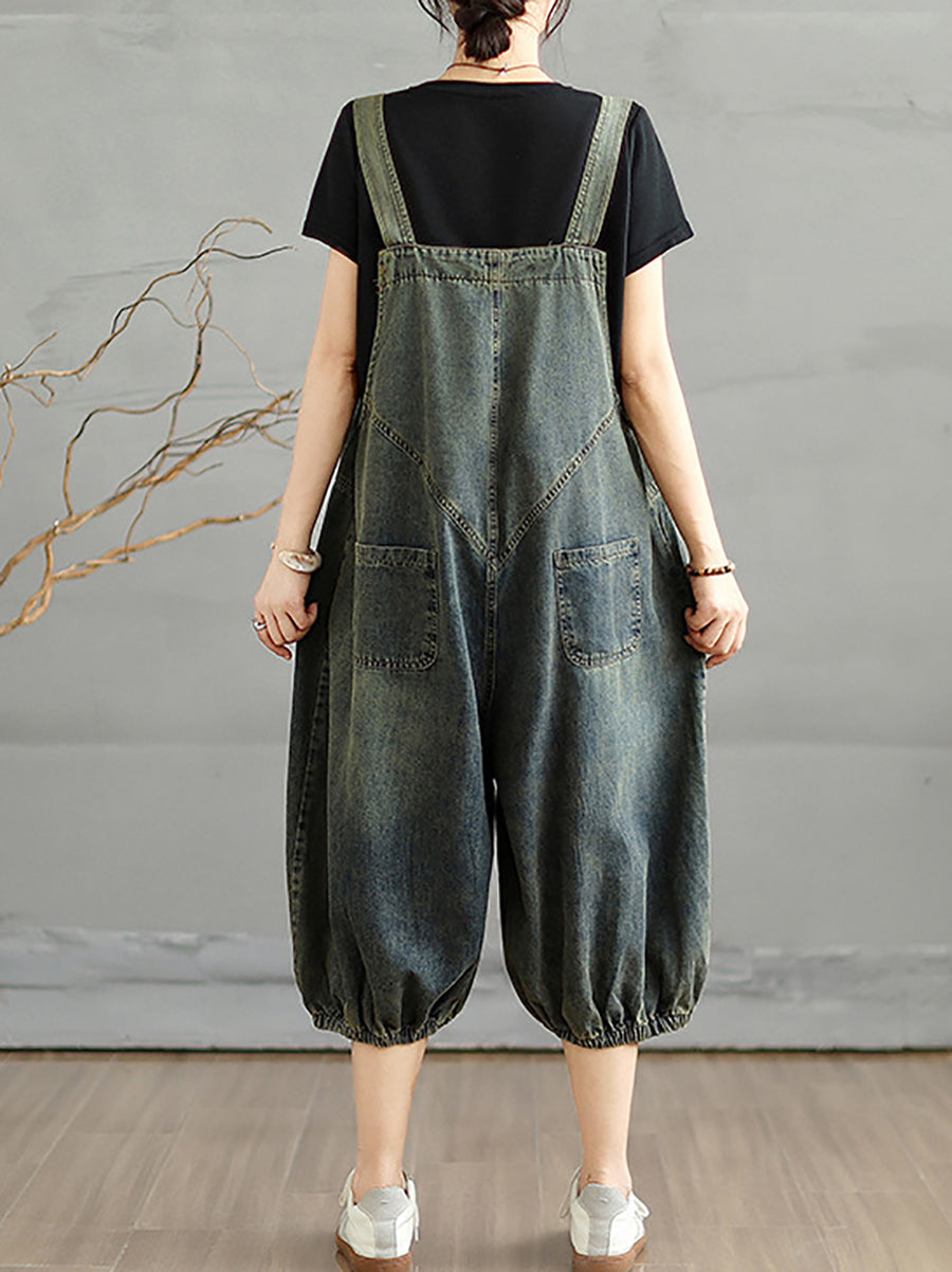 Jumpsuits Women Cropped Denim Pure Color Worn Summer