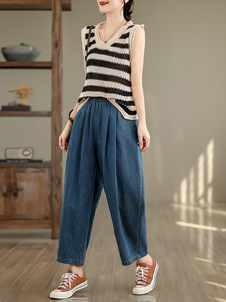 Pantalon sarouel ample en denim uni vintage pour femme OP1007