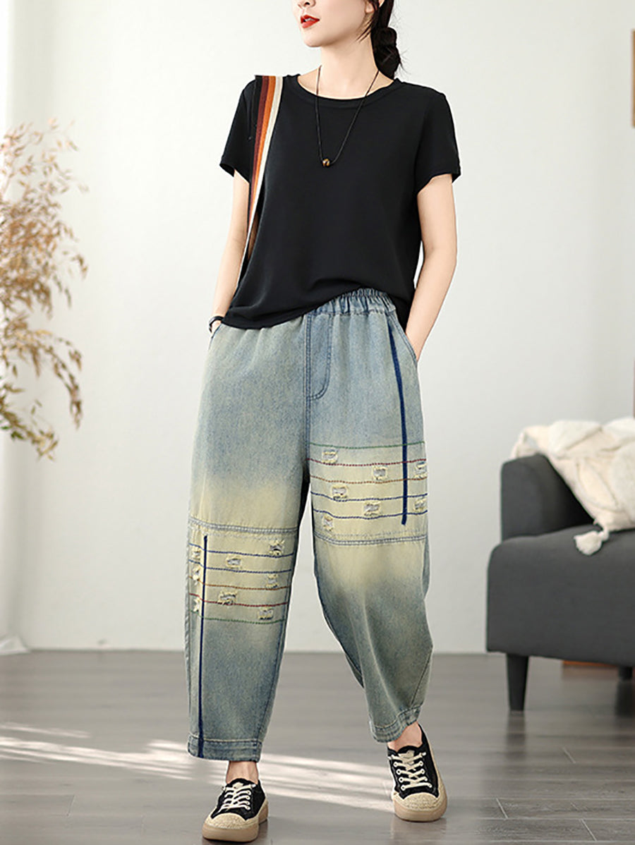 Pantalon sarouel rétro en denim effiloché pour femme