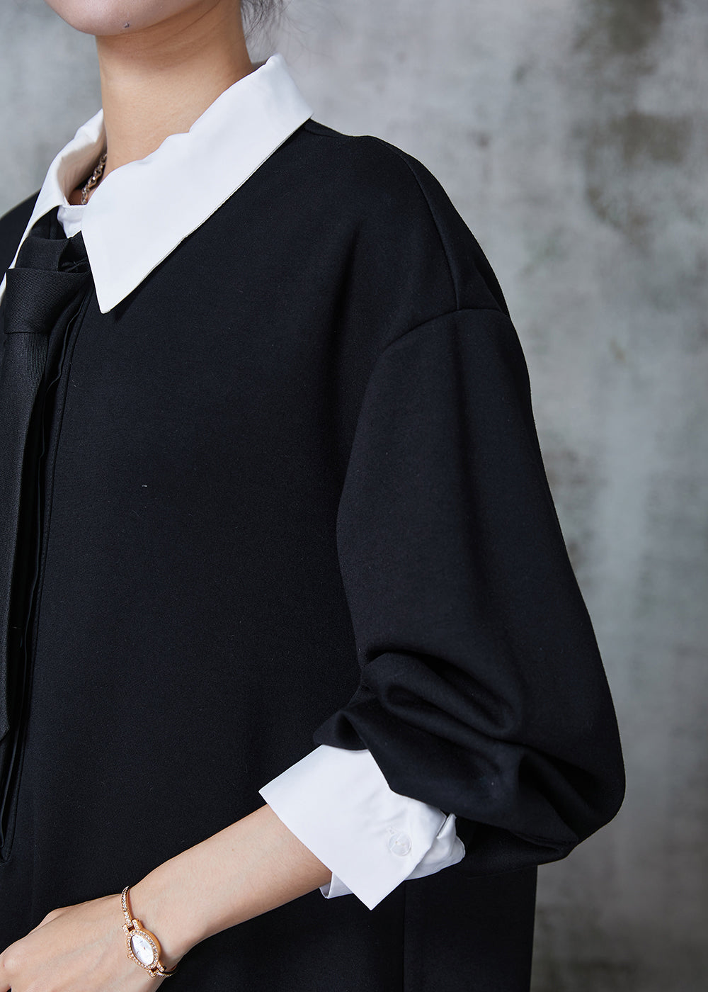 Robe patchwork en coton noir à col Peter Pan pour l'automne QA1018