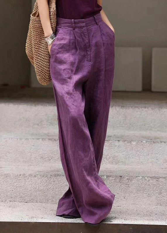 Pantalon large taille haute en lin bio avec poches violettes Automne AN1019