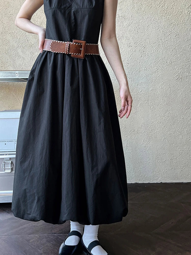 Patchwork-Kleid mit O-Ausschnitt, schlicht, ärmellos, blau, Puffsaum