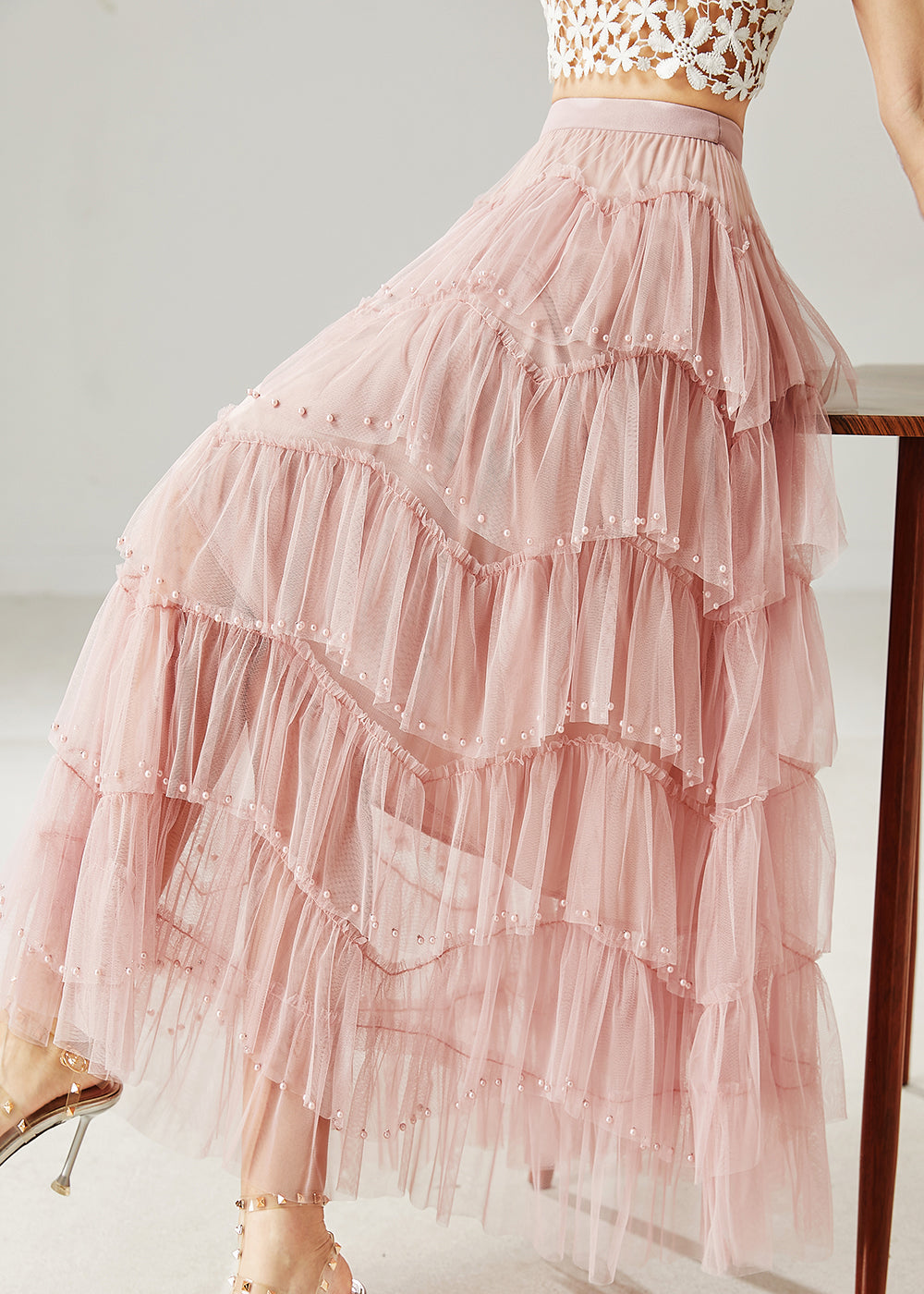Jupe de plage en tulle superposée avec perles roses italiennes pour l'été AZ1040