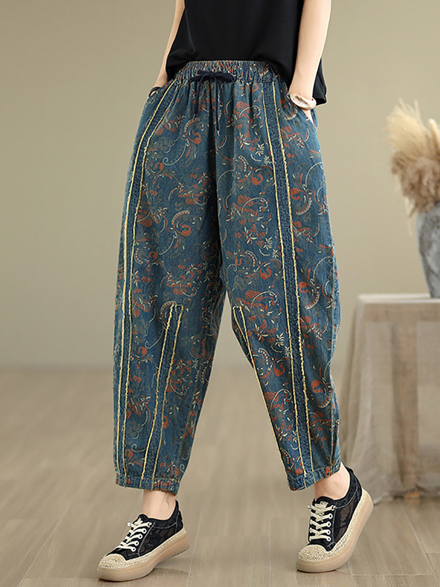 Pantalon en denim patchwork sarouel femme rétro fleuri