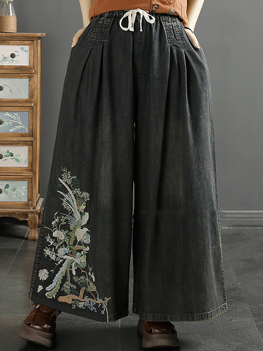 Damen Vintage Ethno Stickerei Weite Jeanshose KL1008