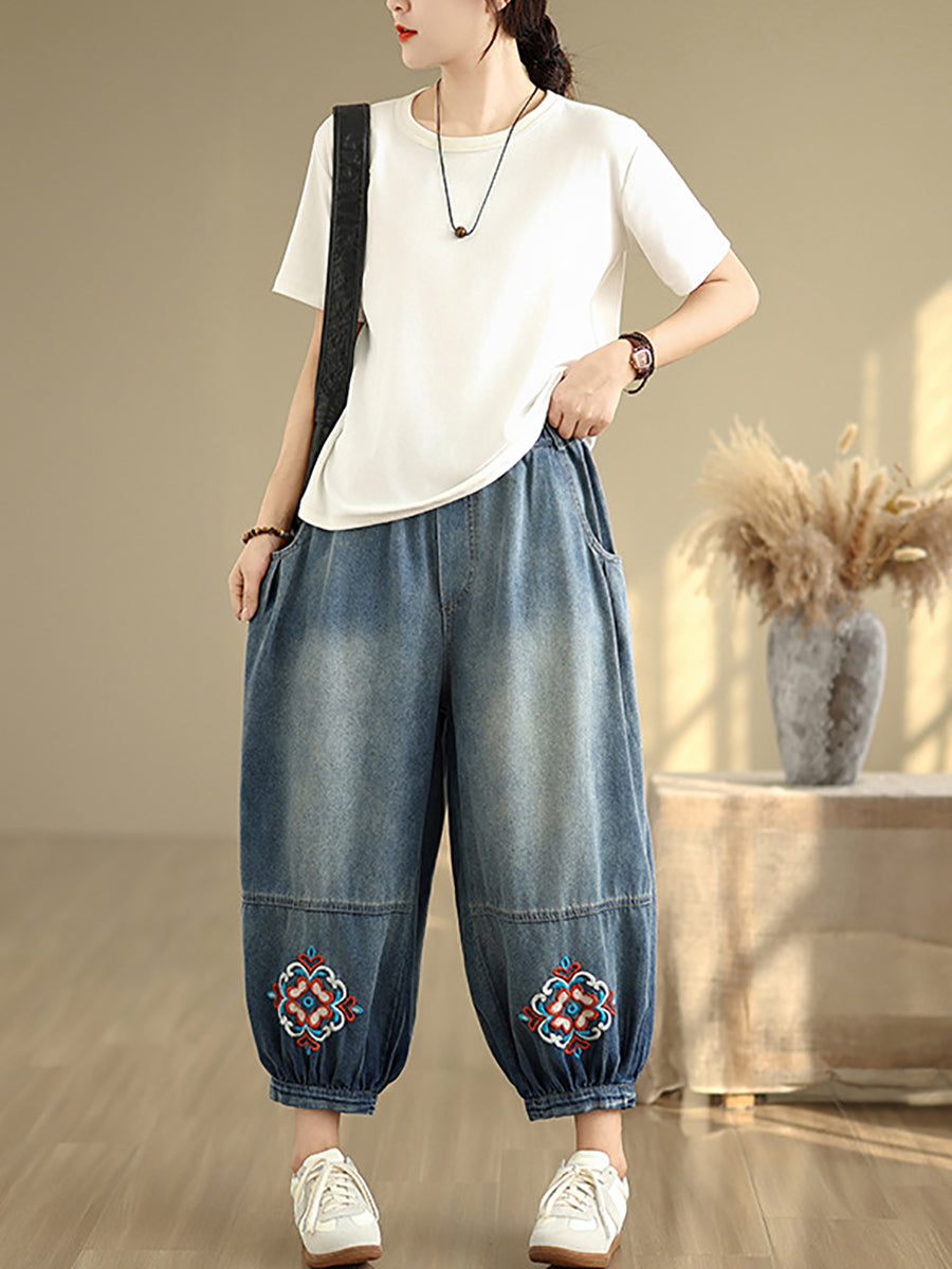 Denim Blume Frauen Hosen Harem Stickerei Retro