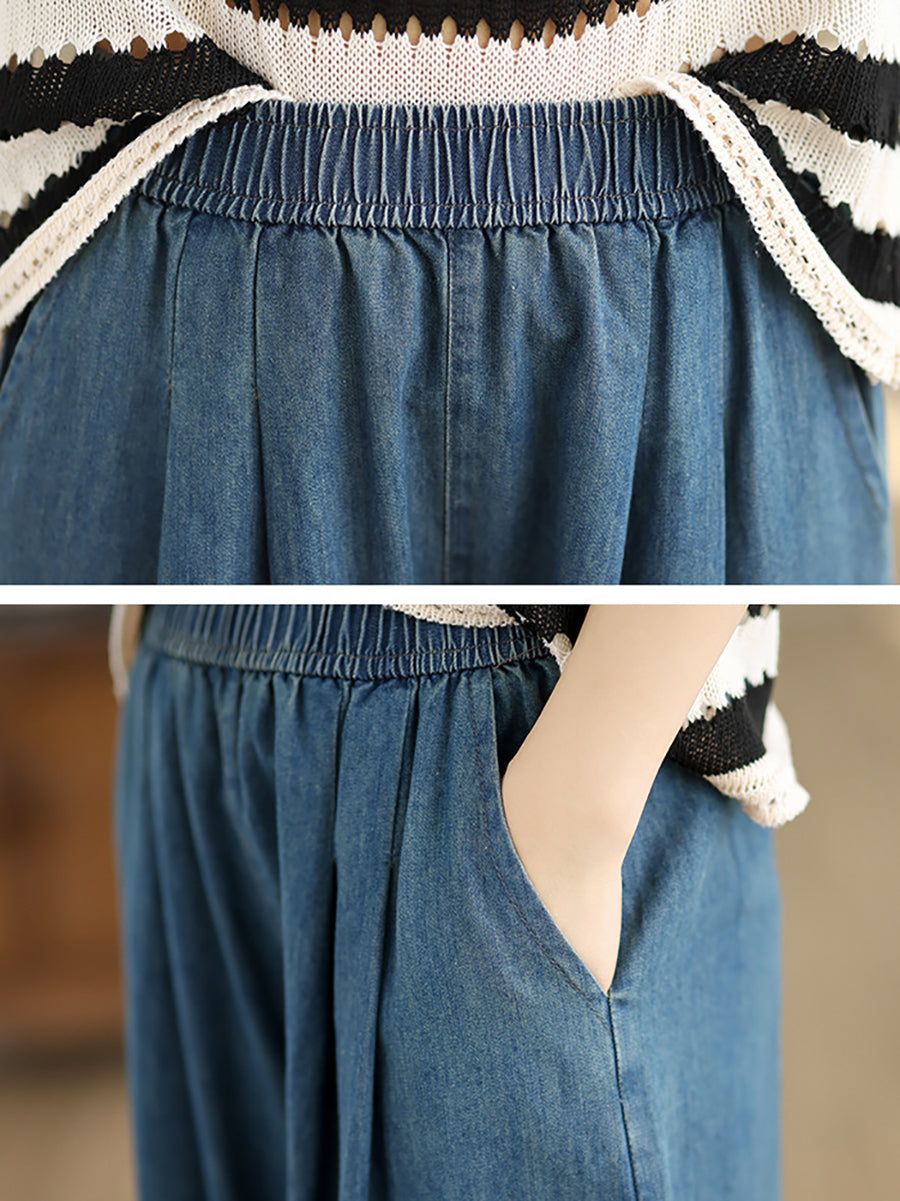 Pantalon sarouel ample en denim uni vintage pour femme OP1007