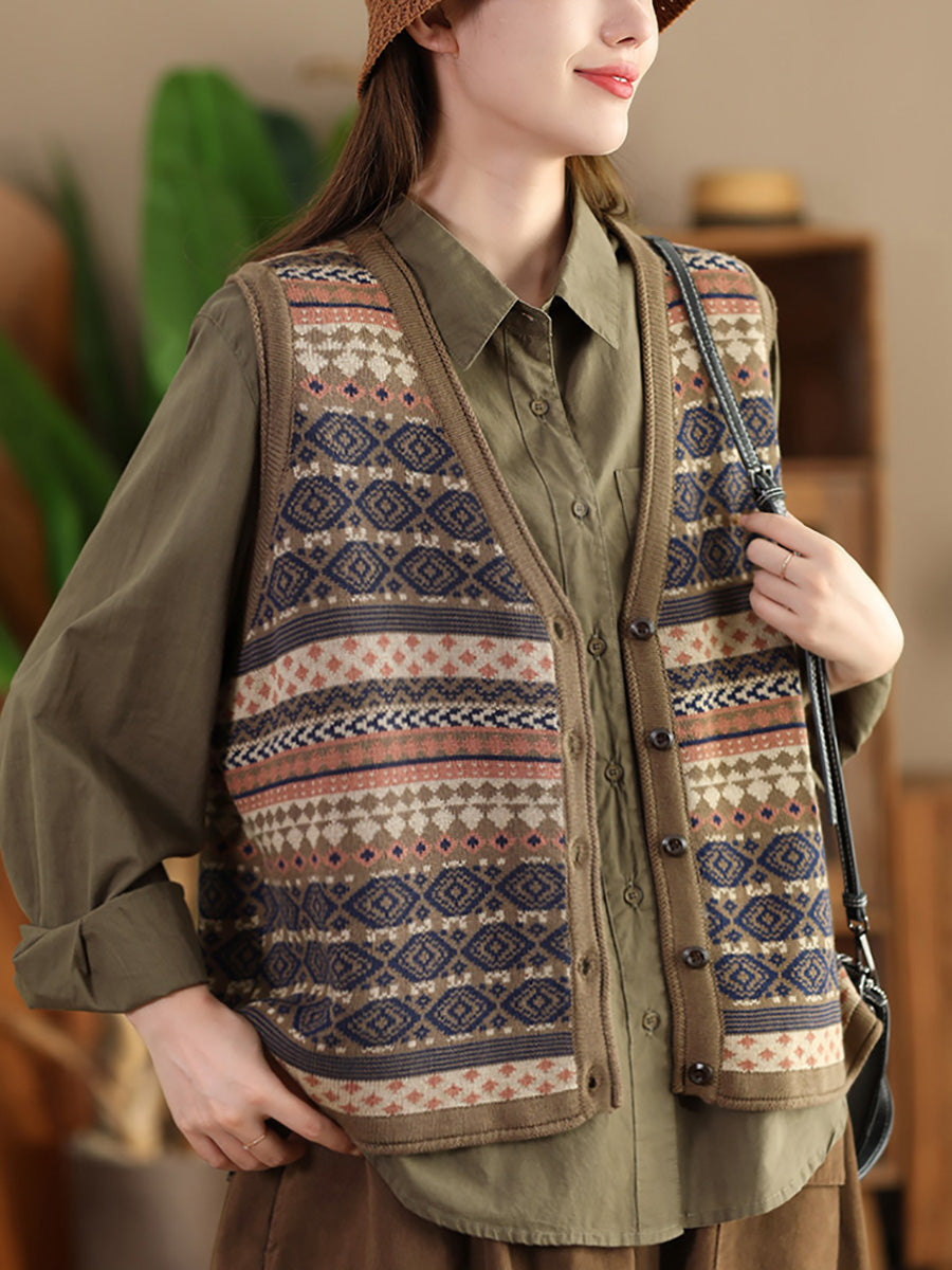 Gilet en coton à rayures ethniques et col en V pour femme BA1048