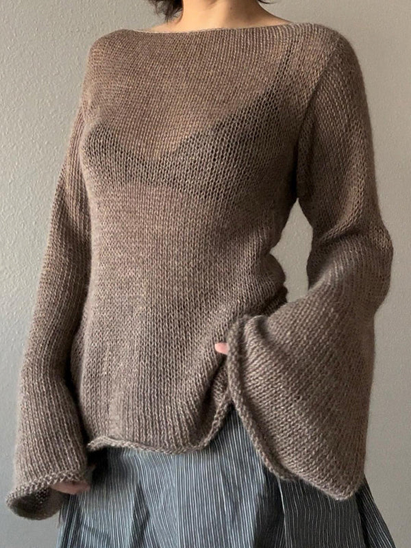 Pull vintage marron à col rond et manches longues en cloche avec lacets croisés dans le dos AN1039