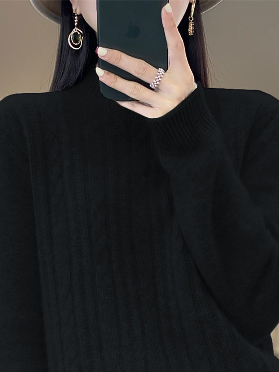 Damen Herbst Pullover mit Zopfmuster, 100% Wolle, halblang, Rollkragen, QN027