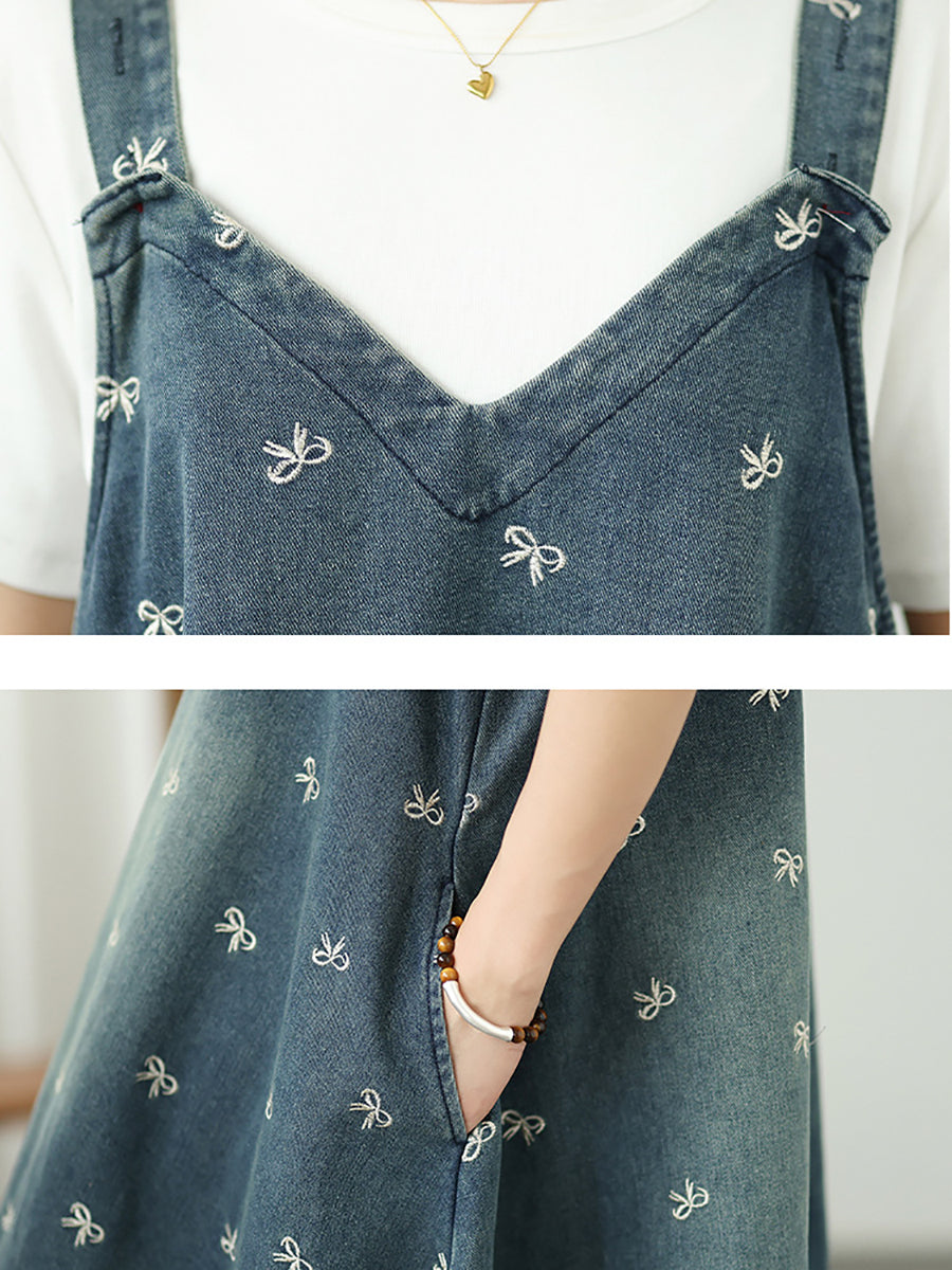 Kleid Overall Denim Bowknot Frauen Sommer Stickerei