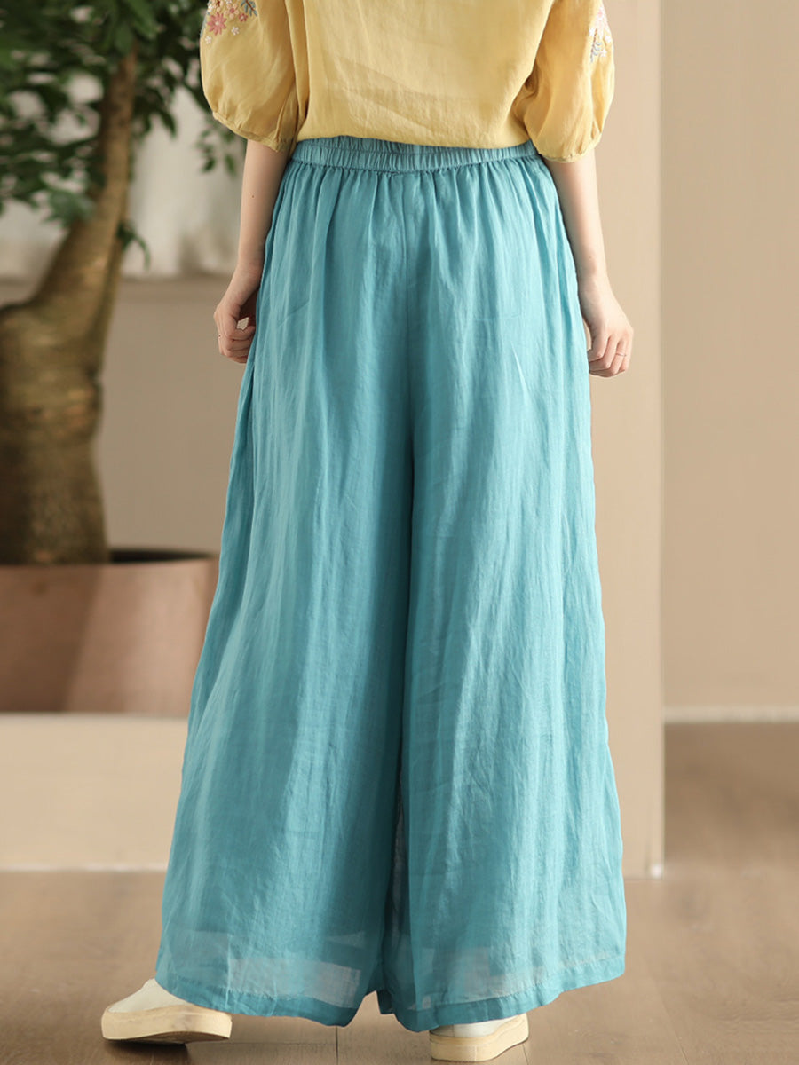 Pantalon d'été en ramie à jambe large et double épaisseur pour femme FD049