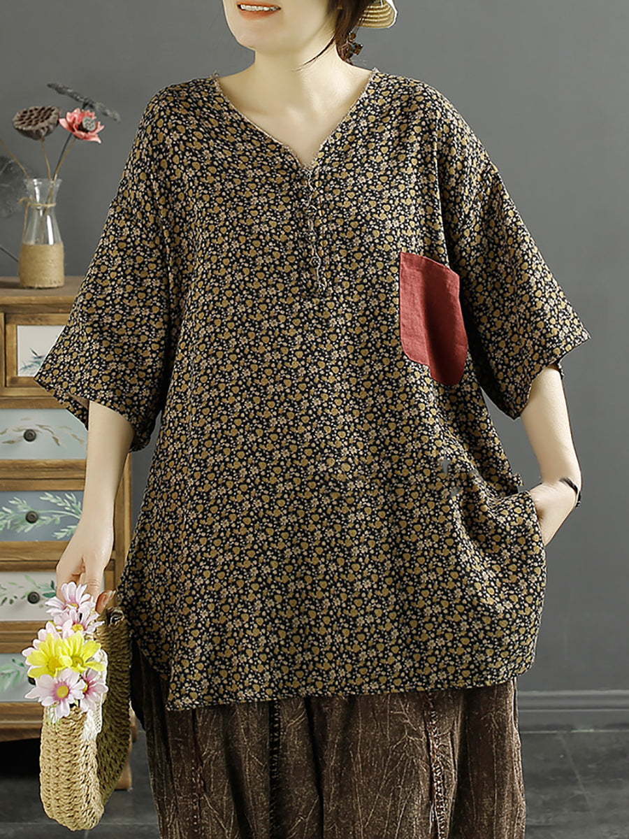 Damen Sommer Bluse aus Baumwolle mit V-Ausschnitt und Blumenmuster KL1010