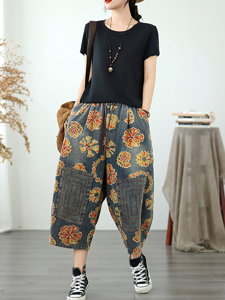Pantalon droit rétro Capri en denim fleuri pour femme