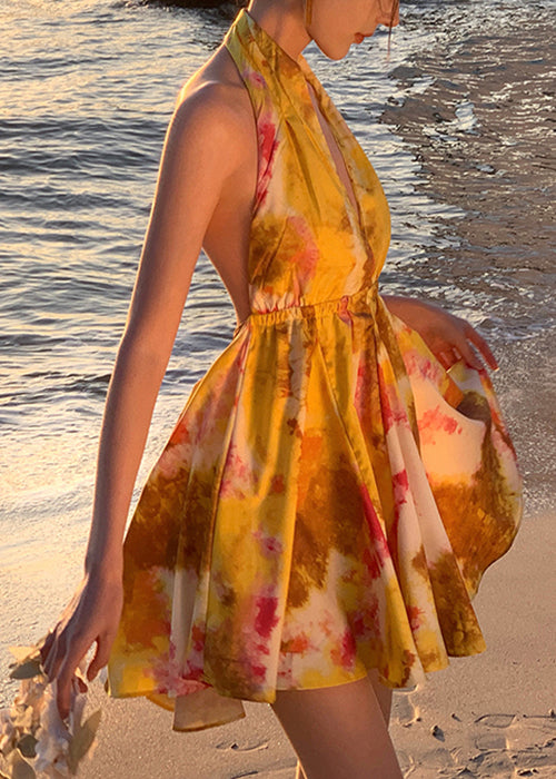 Robe en mousseline de soie jaune, mini imprimé, élégante, en dentelle, dos nu