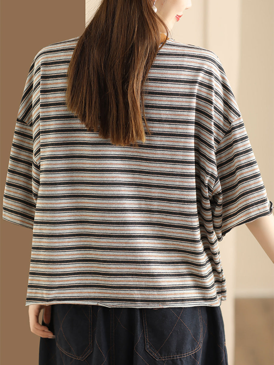 Women Casual Summer Stripe Spliced Loose Shirt AH836
