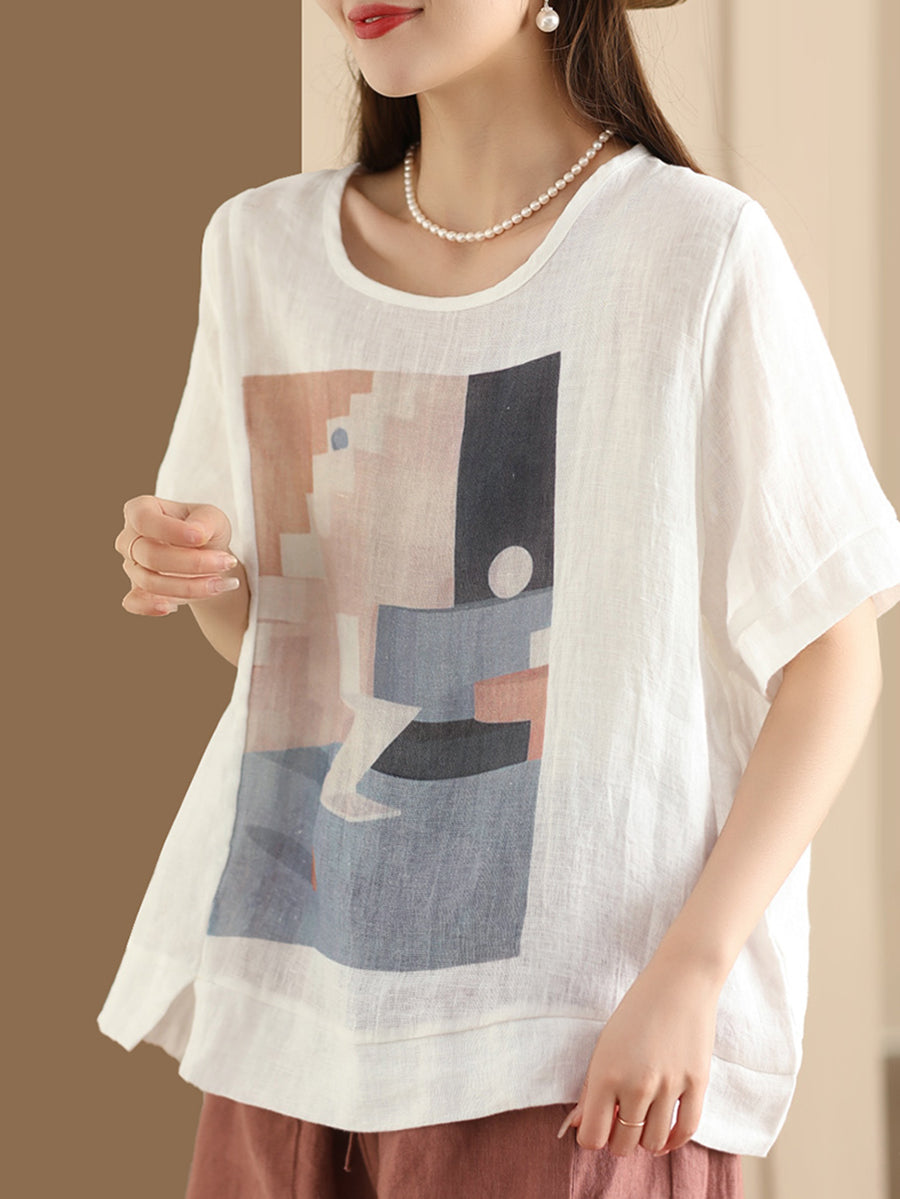 Women Casual Summer Print O-Neck Linen Shirt WE1028