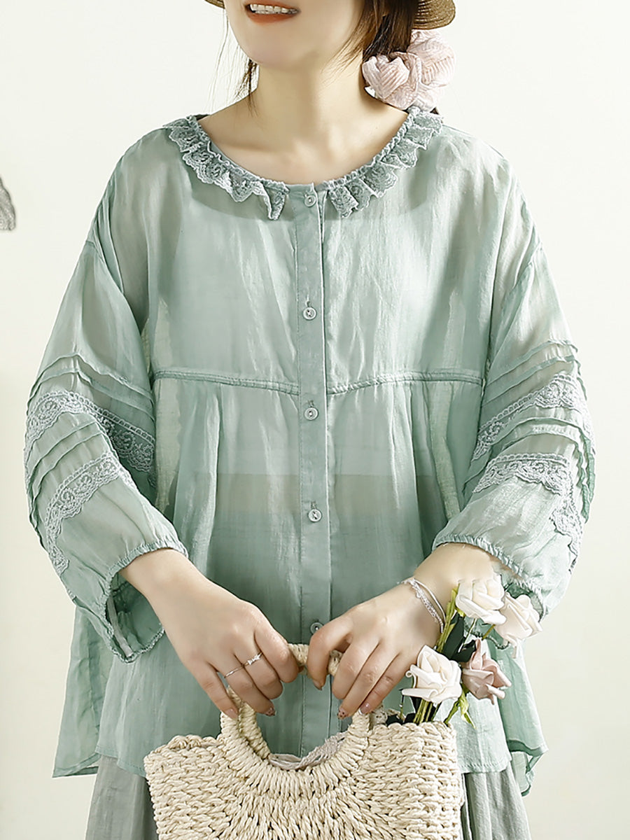 Damen Artsy Solid Lacework Button-up Ramie Shirt HH043