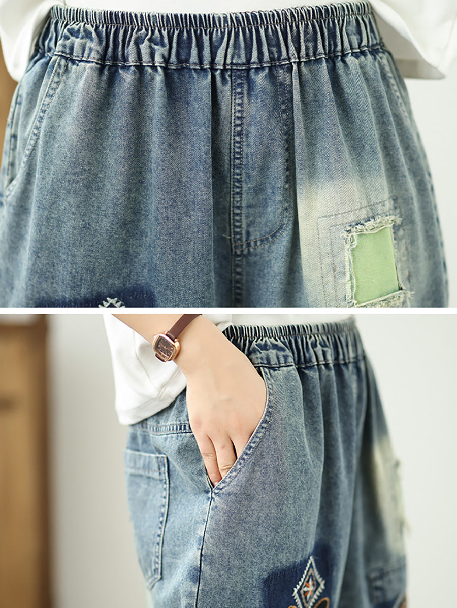 Pantalon en denim à fleurs rétro brodé pour femme, patchwork