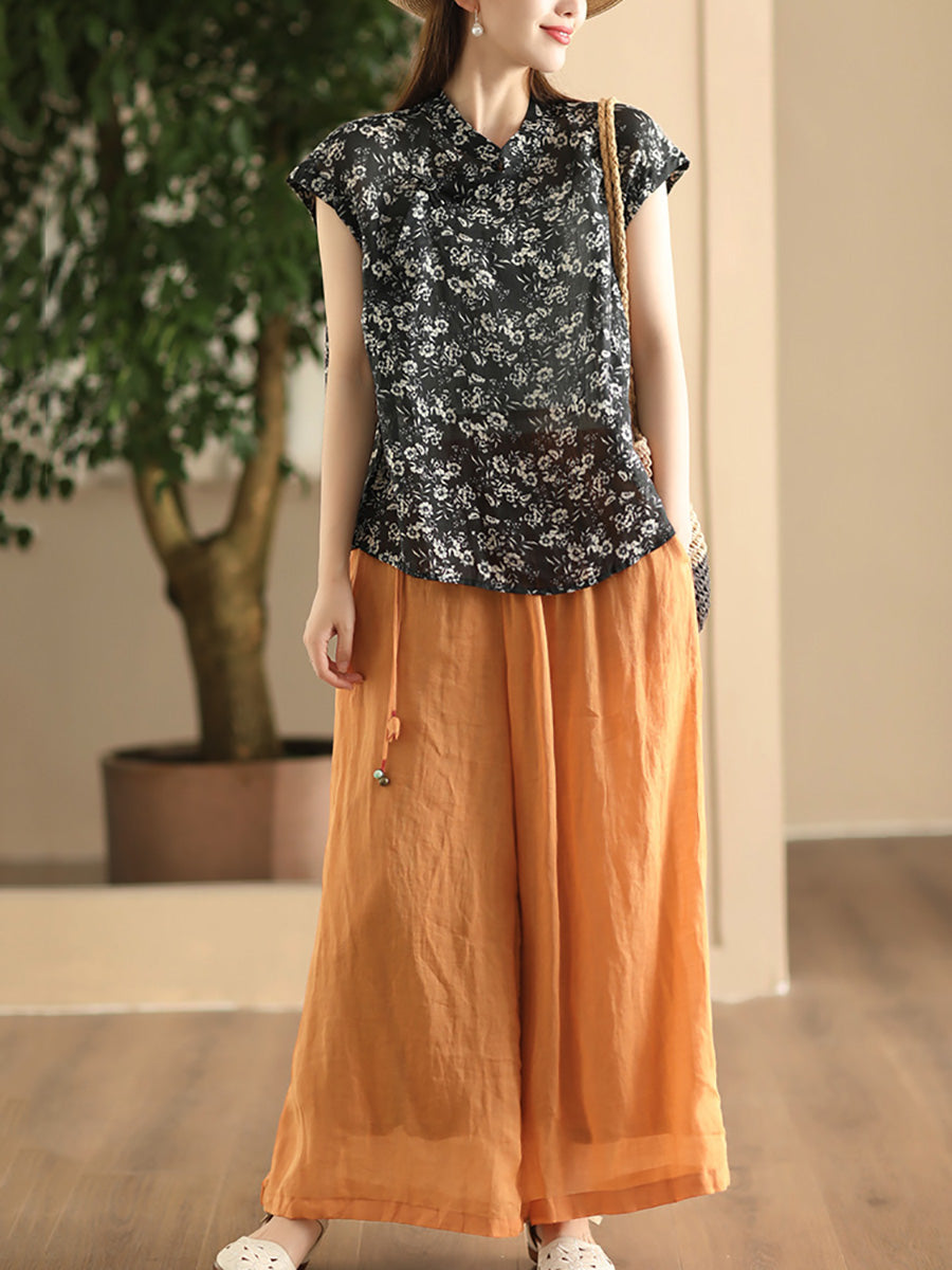 Pantalon d'été en ramie à jambe large et double épaisseur pour femme FD049