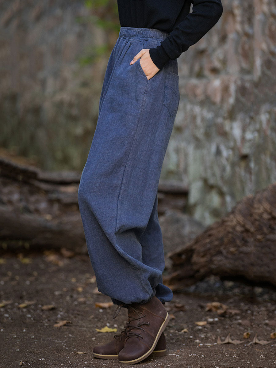 Pantalon ample à revers en ramie pour femme, style vintage, automne, couleur unie, AT1013