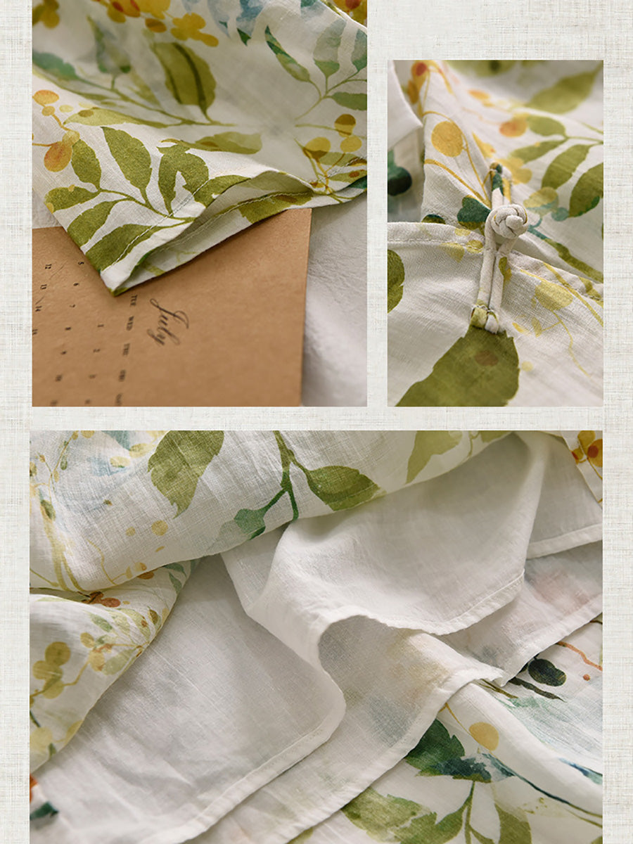 Damen Sommerkleid mit kunstvollem Pflanzenprint und Trägern aus Ramie CC032