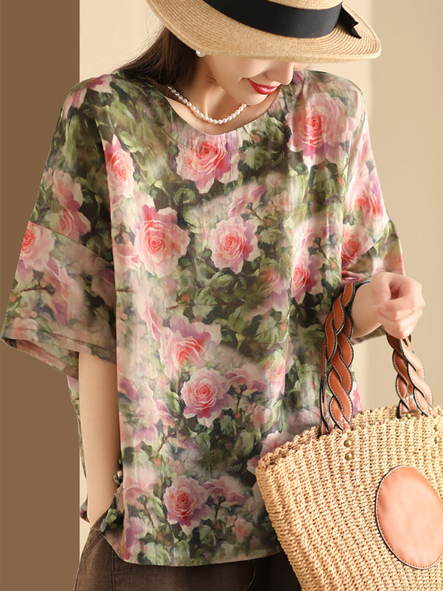 Damen Artsy Floral Sommer Ramie Pullover Shirt KL1016