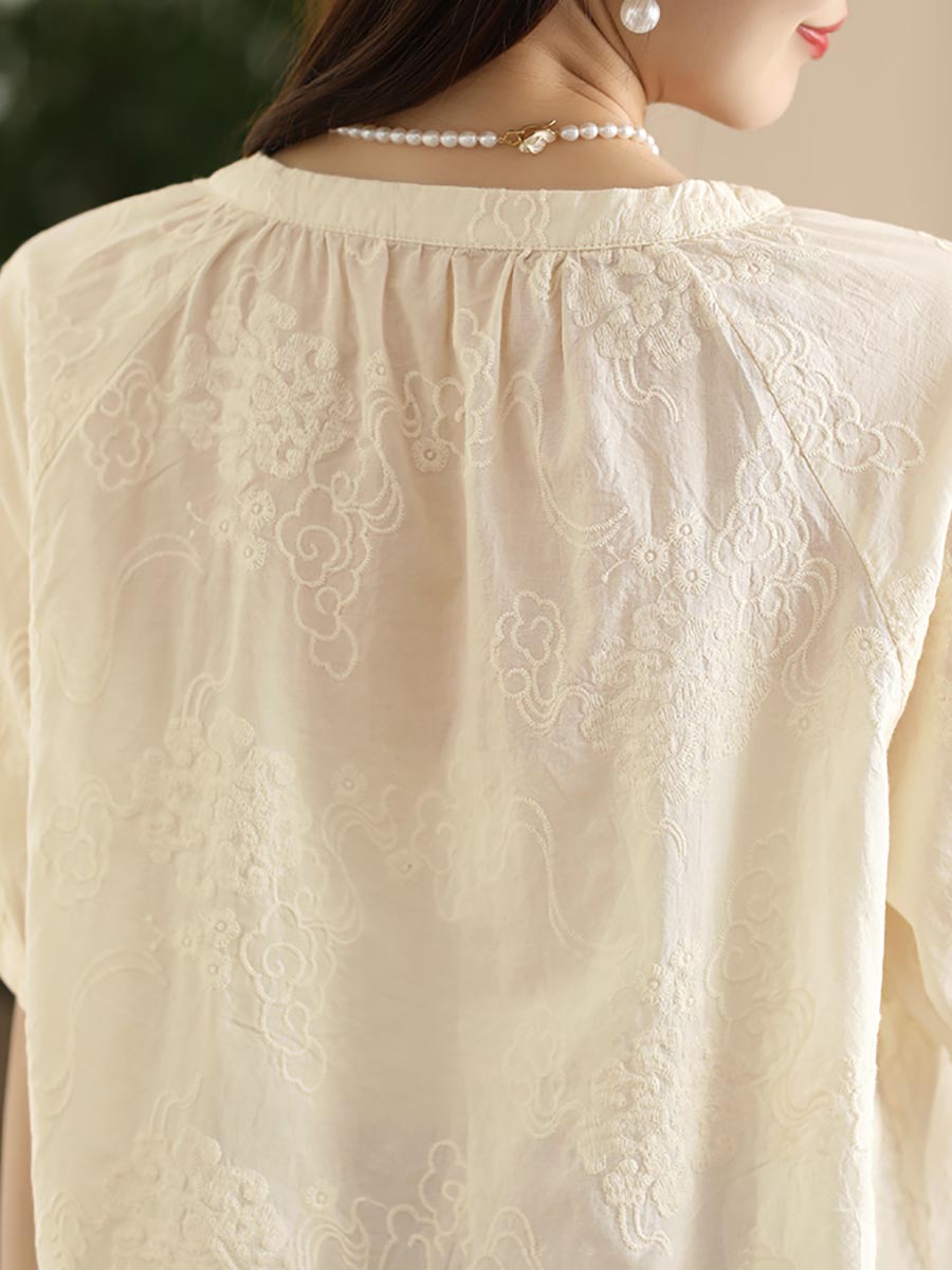 Chemise ample en coton froncé à motif jacquard uni pour femme XX1018